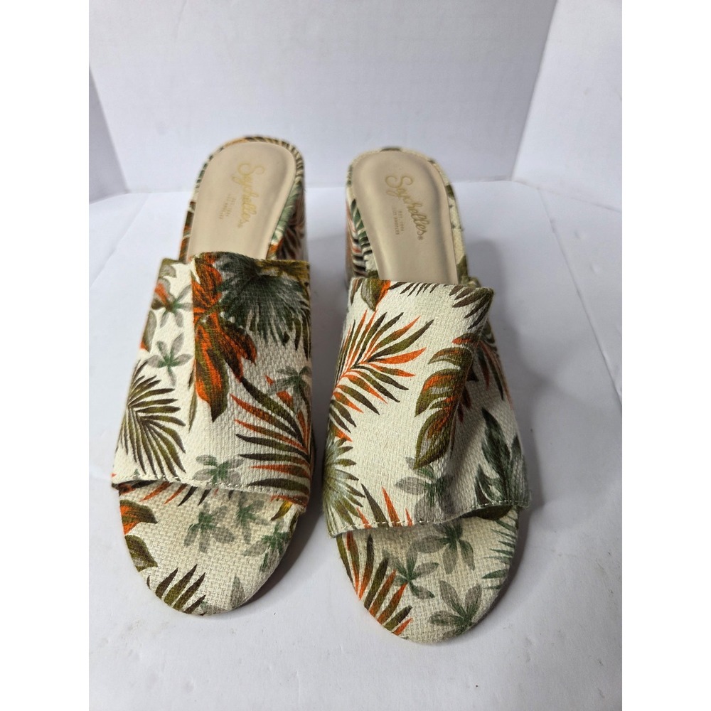 Seychelles Tropical Palm Leaf Block Heel Mule Sandals Womens 7 Cream Green 5153‎